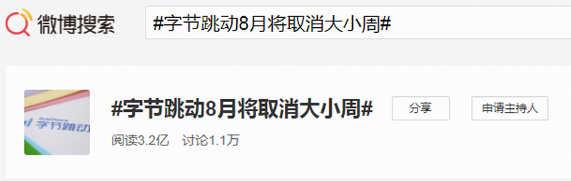 截止12日清晨3时许，关于“字节跳动8月将取消大小周”的标签吸引1.1万人讨论。.png